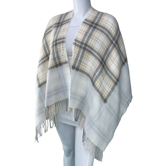 J Jill Womens One Size Poncho Sweater Wrap Plaid Acrylic Fringe Neutral Soft - Picture 1 of 14